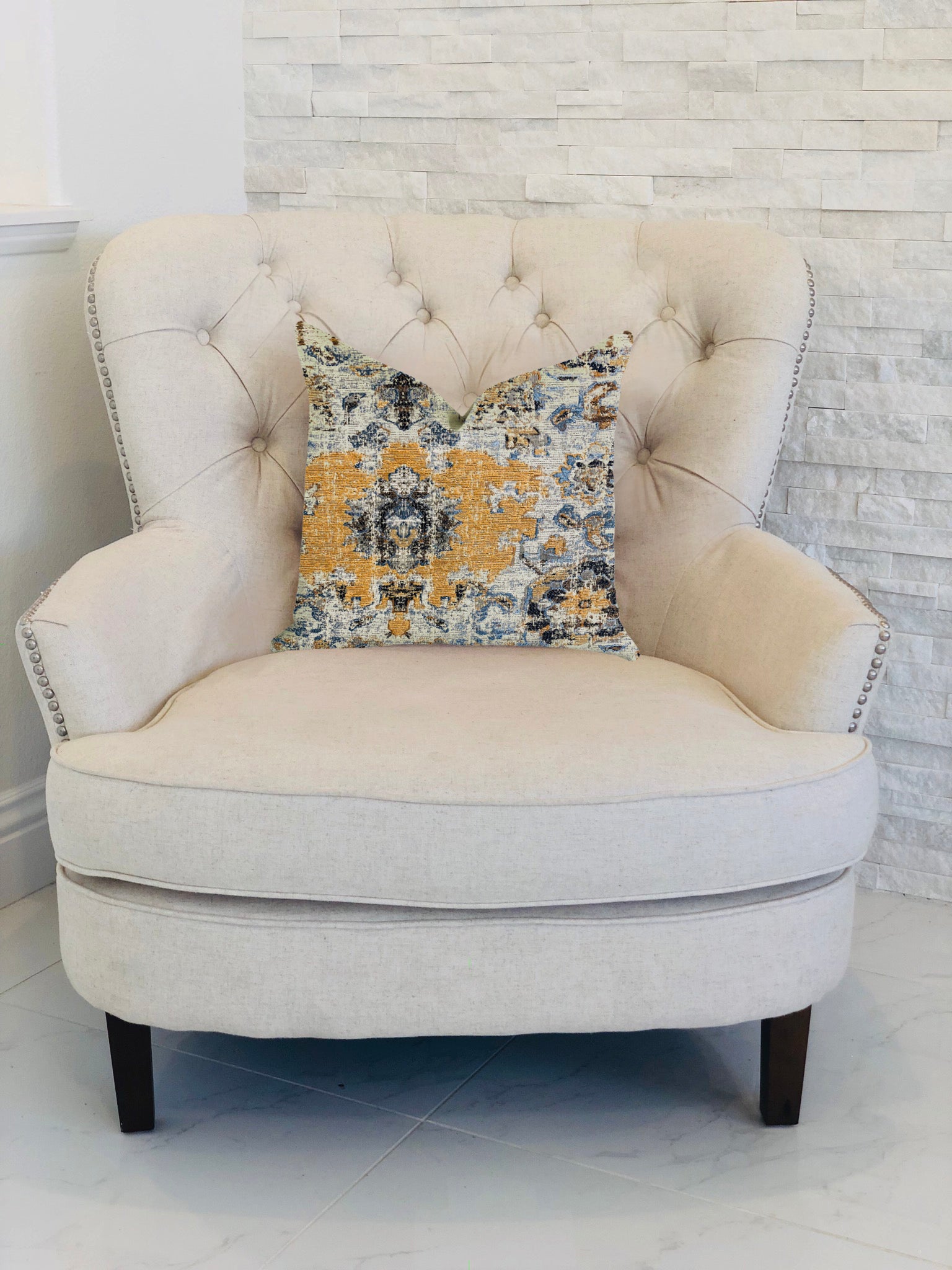 Free Spirit Damasque Luxury Throw Pillow in blue, beige, and gold with elegant damask pattern and invisible zipper.