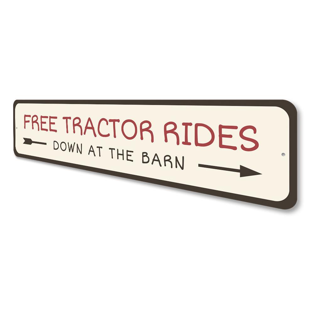 A decorative Free Tractor Rides Sign made of high-quality aluminum, featuring vibrant colors and a rustic design, perfect for indoor or outdoor display.