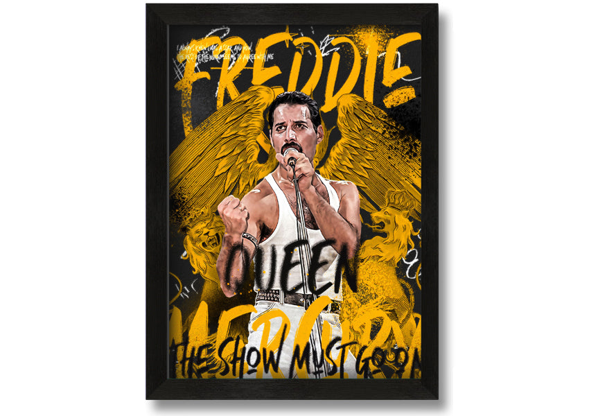 Canvas art featuring Freddie Mercury with the text 'The Show Must Go On', mounted on a box frame.