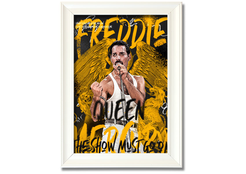 Canvas art featuring Freddie Mercury with the text 'The Show Must Go On', mounted on a box frame.