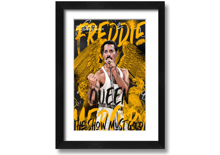 Canvas art featuring Freddie Mercury with the text 'The Show Must Go On', mounted on a box frame.