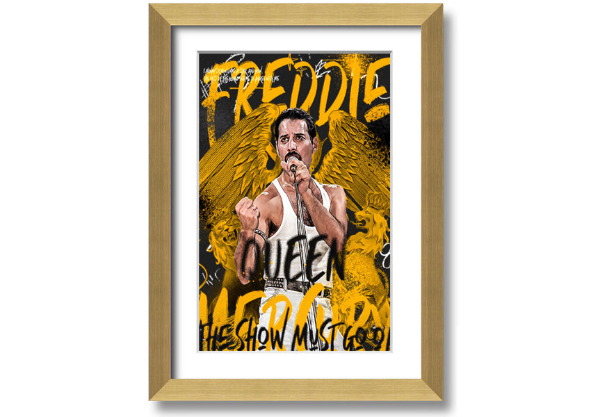 Canvas art featuring Freddie Mercury with the text 'The Show Must Go On', mounted on a box frame.