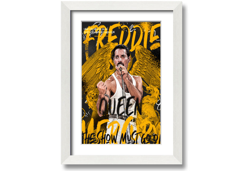 Canvas art featuring Freddie Mercury with the text 'The Show Must Go On', mounted on a box frame.