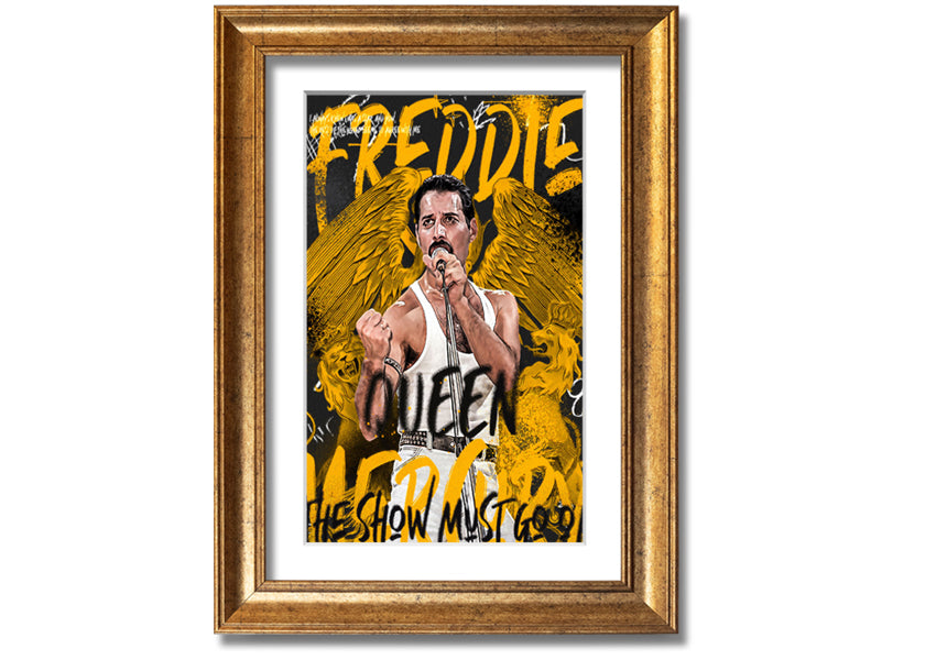 Canvas art featuring Freddie Mercury with the text 'The Show Must Go On', mounted on a box frame.