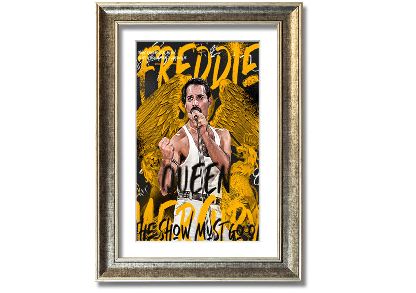 Canvas art featuring Freddie Mercury with the text 'The Show Must Go On', mounted on a box frame.