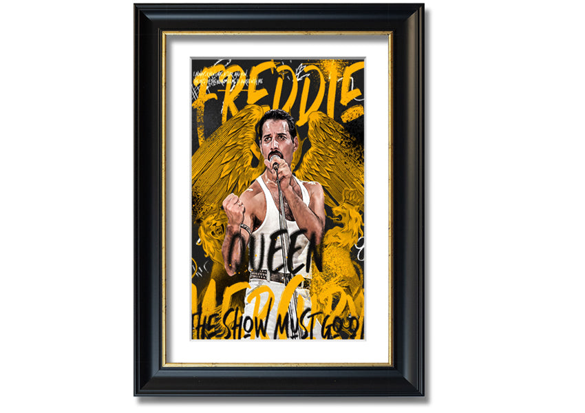 Canvas art featuring Freddie Mercury with the text 'The Show Must Go On', mounted on a box frame.