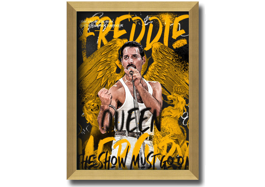 Canvas art featuring Freddie Mercury with the text 'The Show Must Go On', mounted on a box frame.