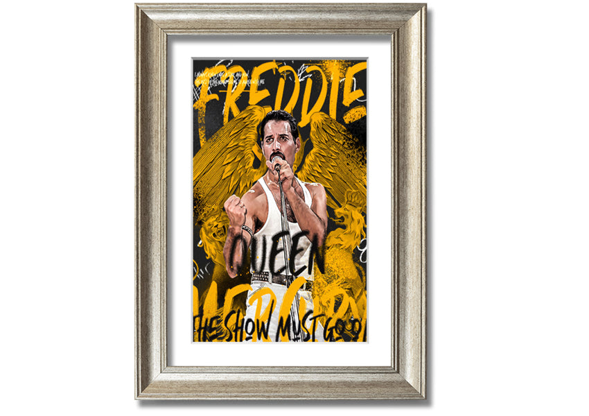 Canvas art featuring Freddie Mercury with the text 'The Show Must Go On', mounted on a box frame.