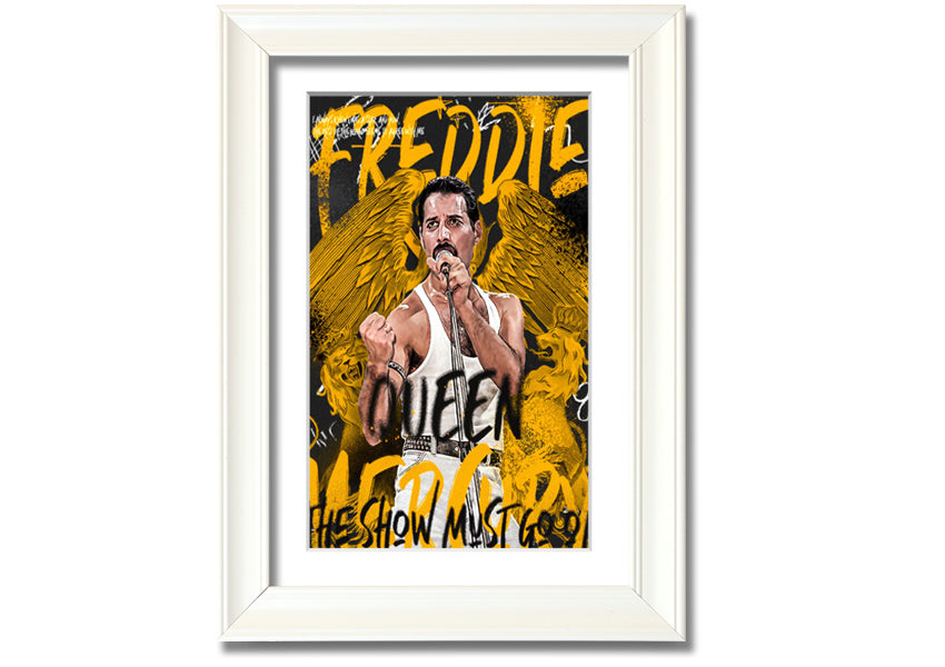 Canvas art featuring Freddie Mercury with the text 'The Show Must Go On', mounted on a box frame.