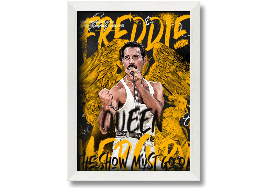 Canvas art featuring Freddie Mercury with the text 'The Show Must Go On', mounted on a box frame.