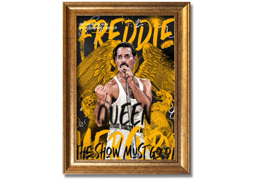 Canvas art featuring Freddie Mercury with the text 'The Show Must Go On', mounted on a box frame.