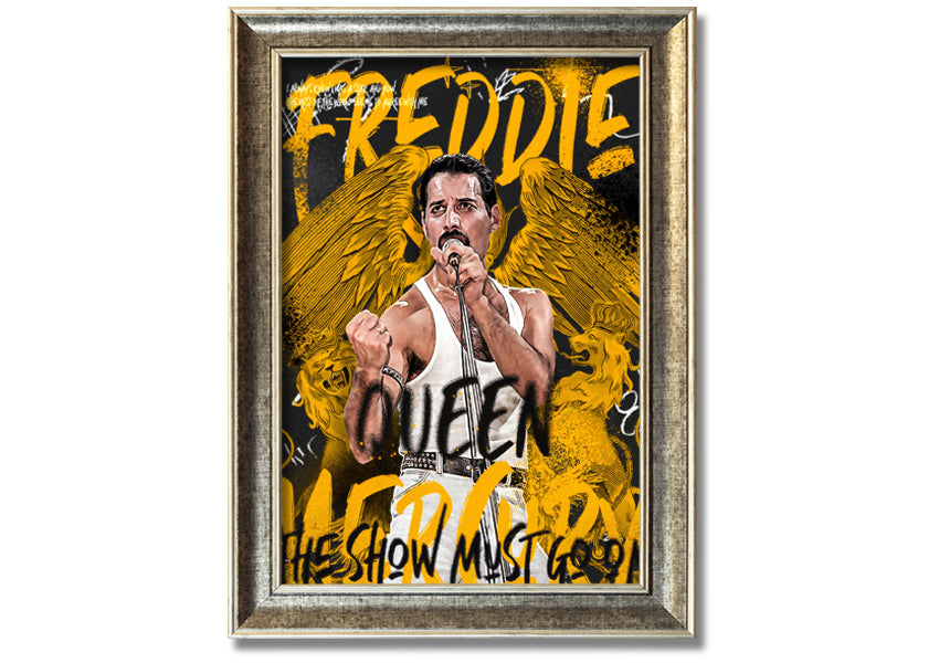 Canvas art featuring Freddie Mercury with the text 'The Show Must Go On', mounted on a box frame.