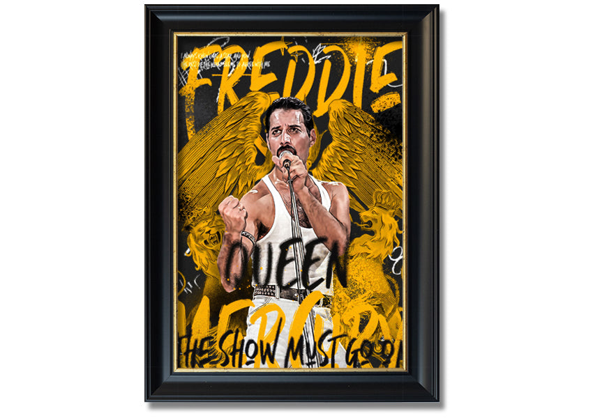 Canvas art featuring Freddie Mercury with the text 'The Show Must Go On', mounted on a box frame.