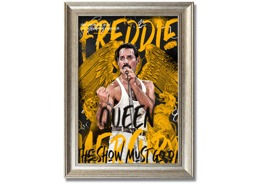 Canvas art featuring Freddie Mercury with the text 'The Show Must Go On', mounted on a box frame.