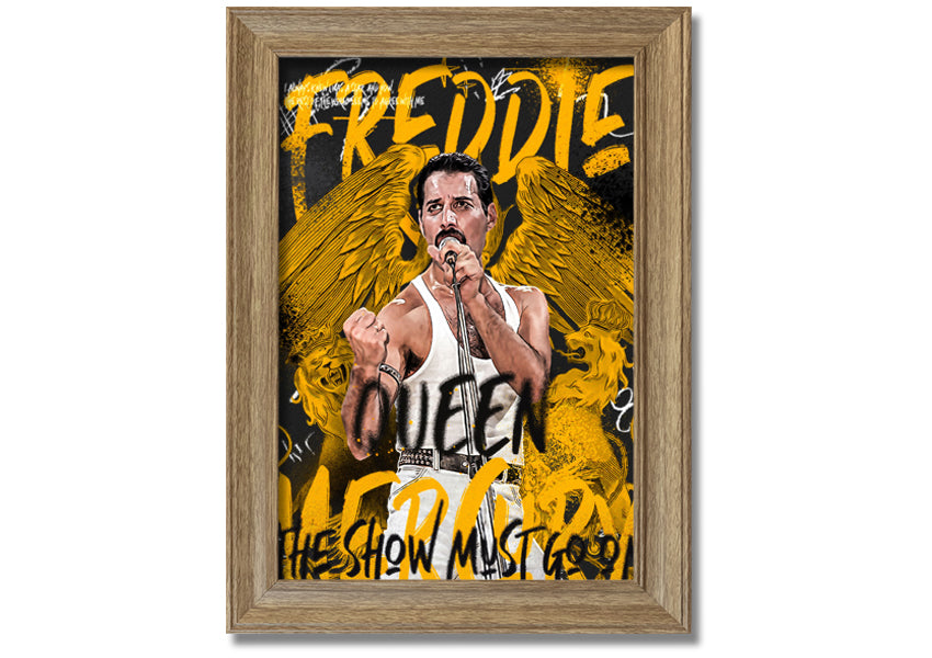 Canvas art featuring Freddie Mercury with the text 'The Show Must Go On', mounted on a box frame.