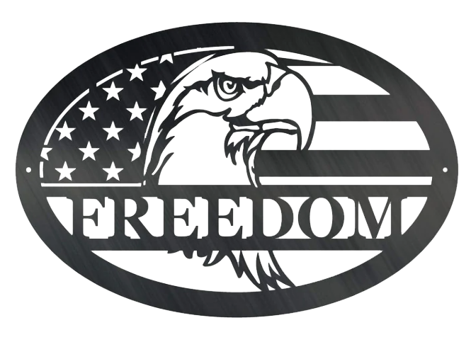 Freedom Eagle metal wall art showcasing a majestic eagle design, crafted from durable 16 gauge steel with a low gloss finish.