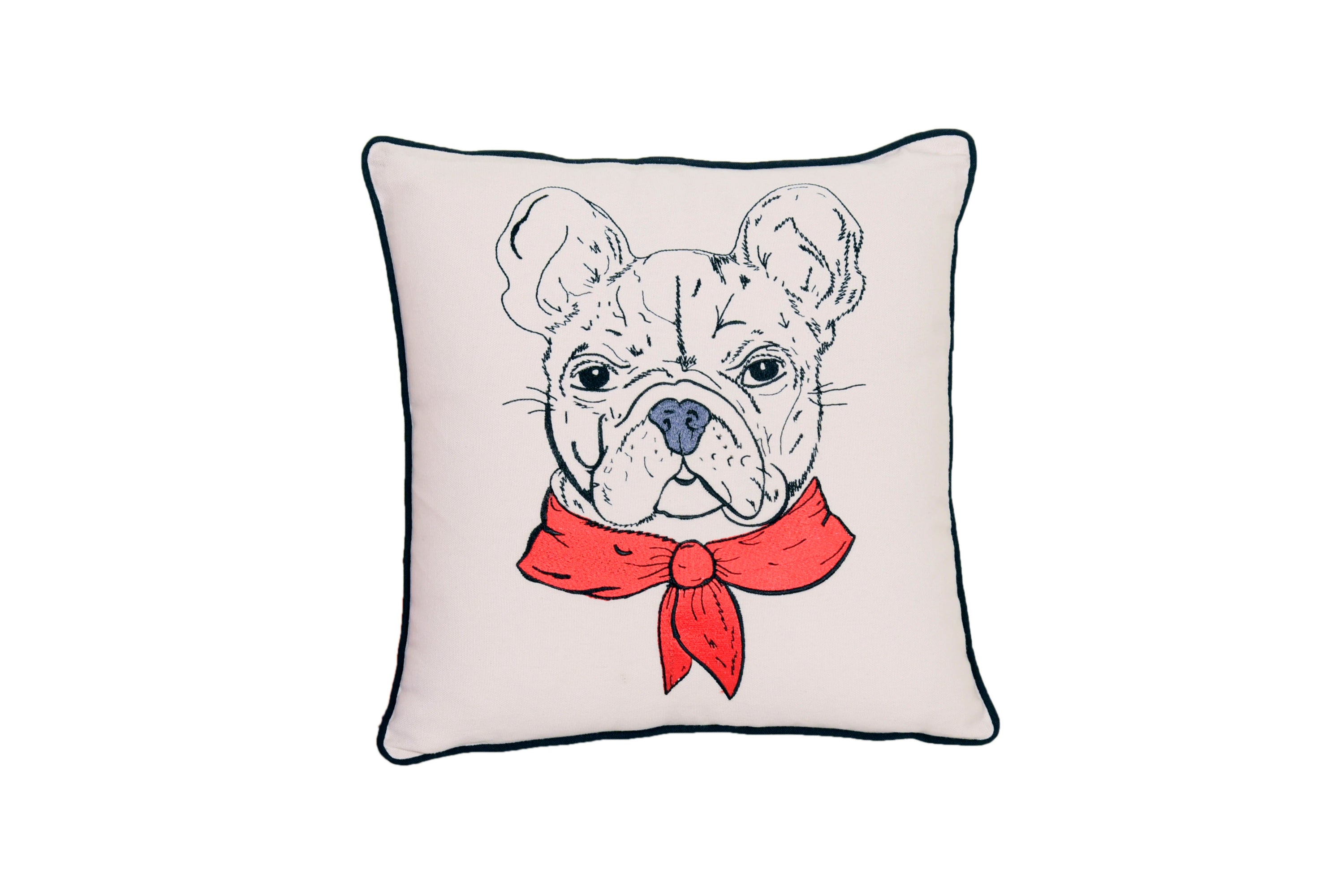 French Bull Portrait Dog Pillow featuring embroidered dog breed designs on 100% cotton canvas with black piping.