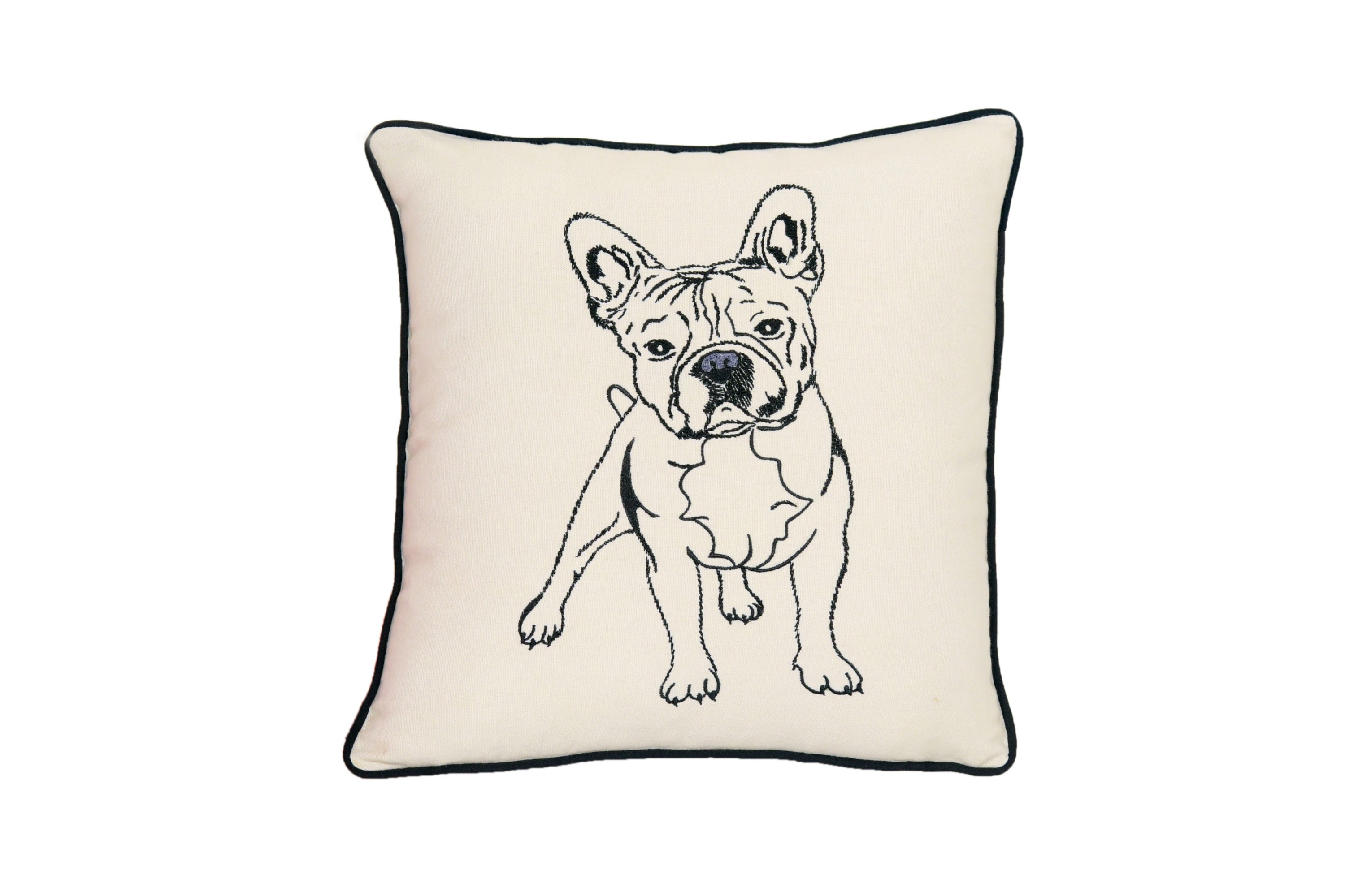 A stylish French Bulldog Pillow made of 100% cotton canvas, featuring embroidered dog breed designs and black piping.