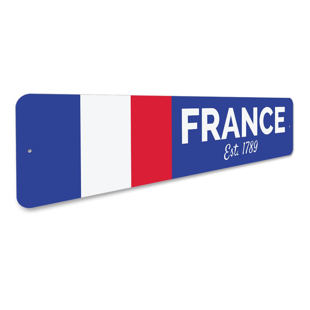 A decorative French Flag Sign made of high-quality aluminum, featuring vibrant colors and a sleek design, perfect for wall decor.