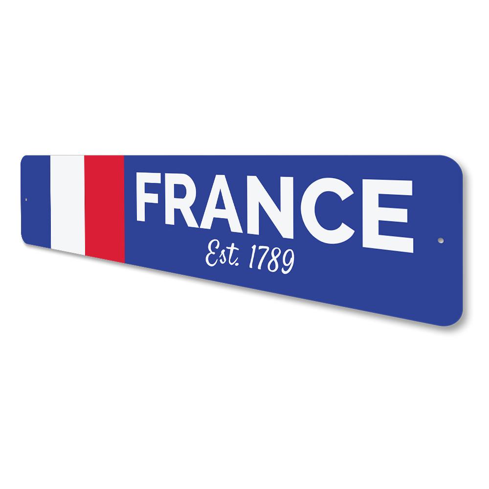 A decorative French Flag Sign made of high-quality aluminum, featuring vibrant colors and a sleek design, perfect for wall decor.