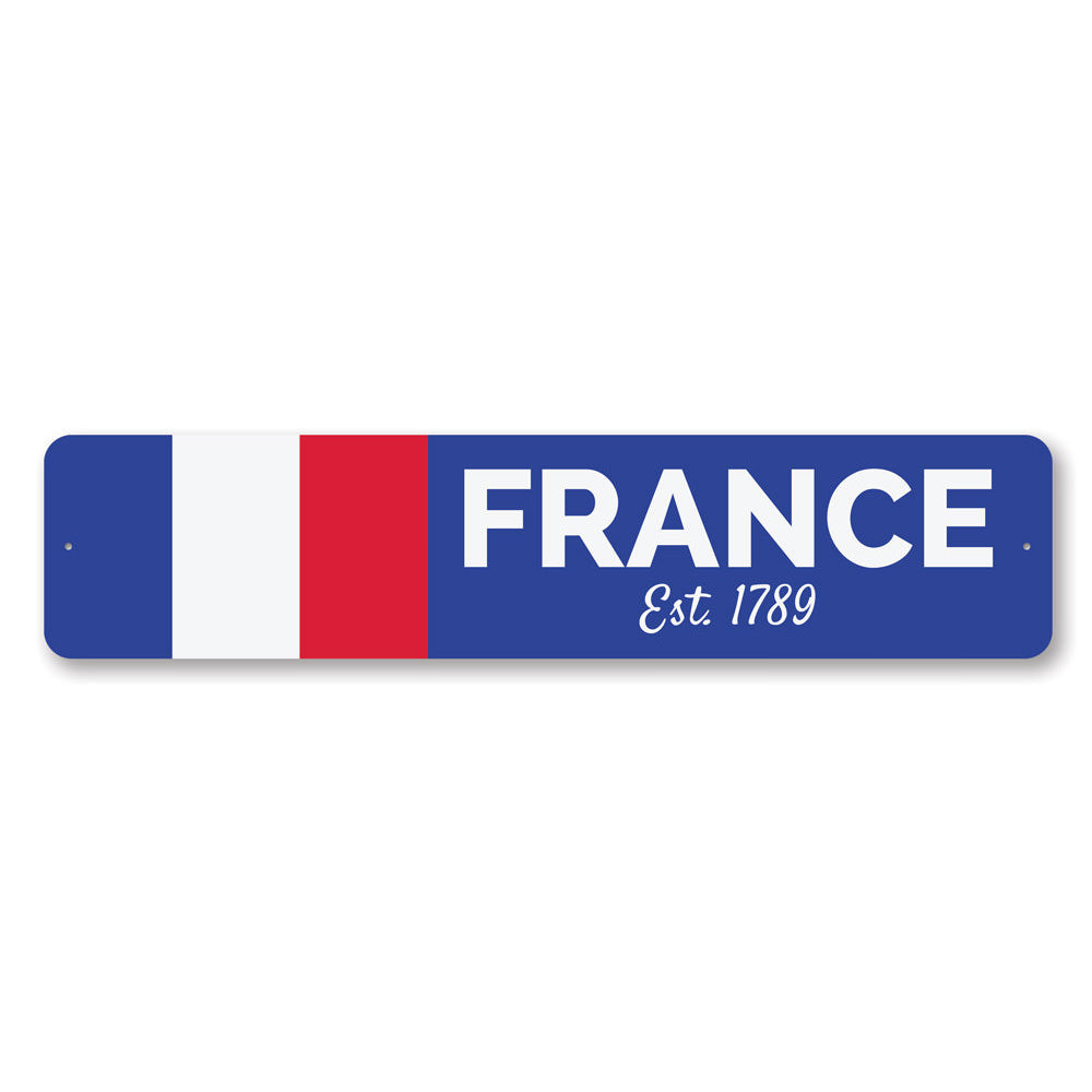 A decorative French Flag Sign made of high-quality aluminum, featuring vibrant colors and a sleek design, perfect for wall decor.