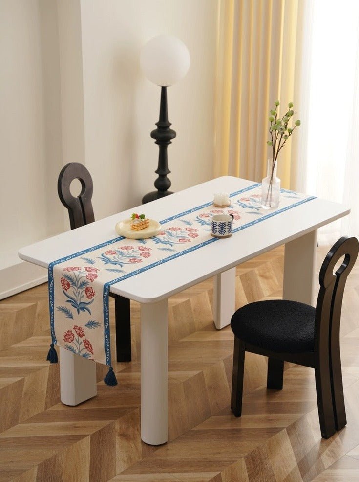 Elegant French style floral table runner featuring vibrant colors and intricate floral patterns, perfect for enhancing dining decor.