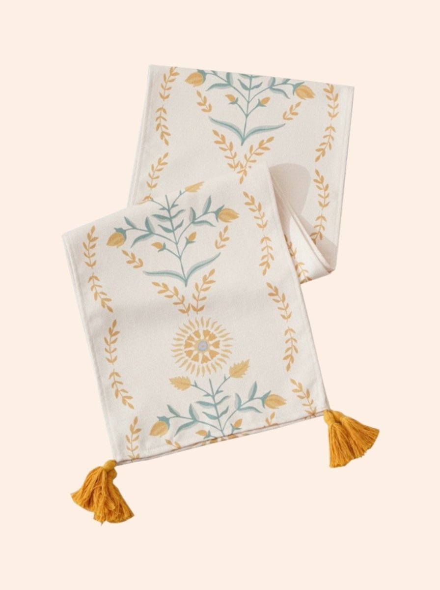 Elegant French style floral table runner featuring vibrant colors and intricate floral patterns, perfect for enhancing dining decor.