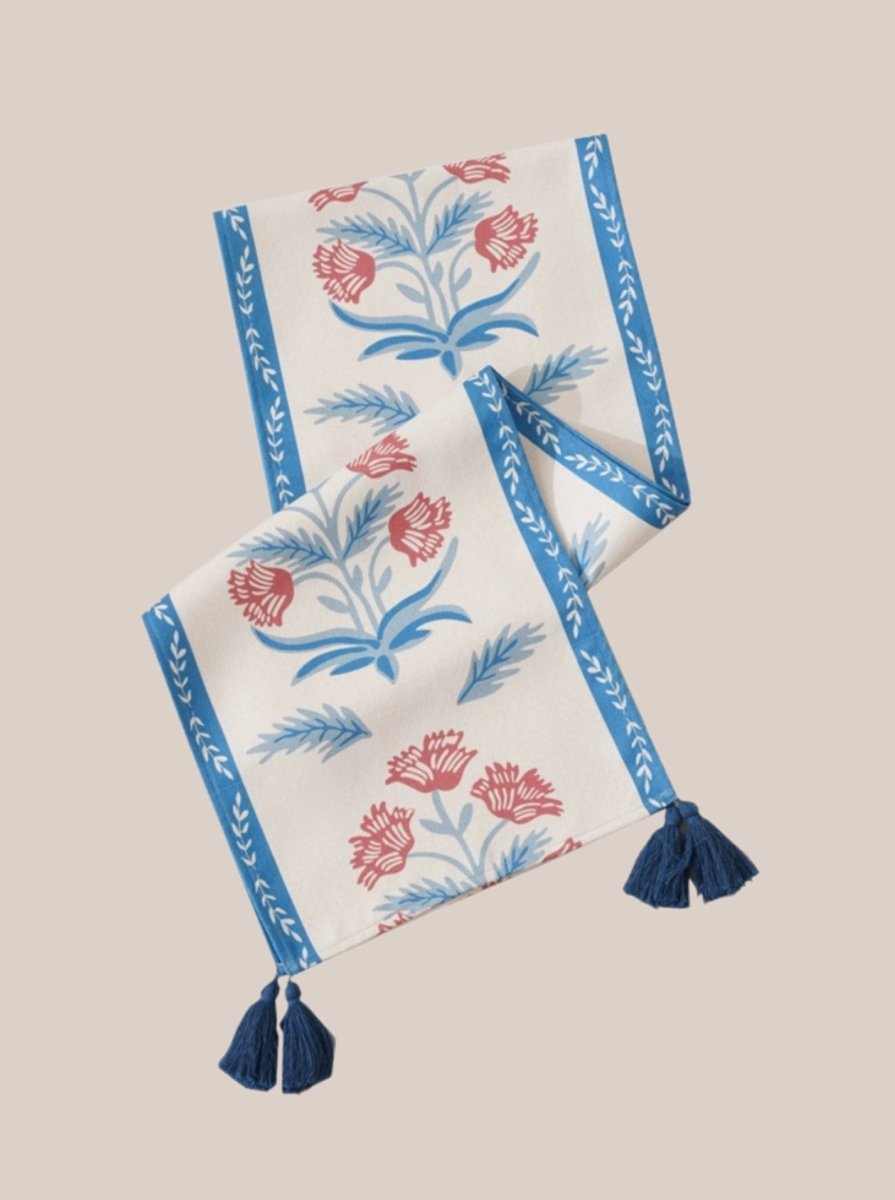 Elegant French style floral table runner featuring vibrant colors and intricate floral patterns, perfect for enhancing dining decor.