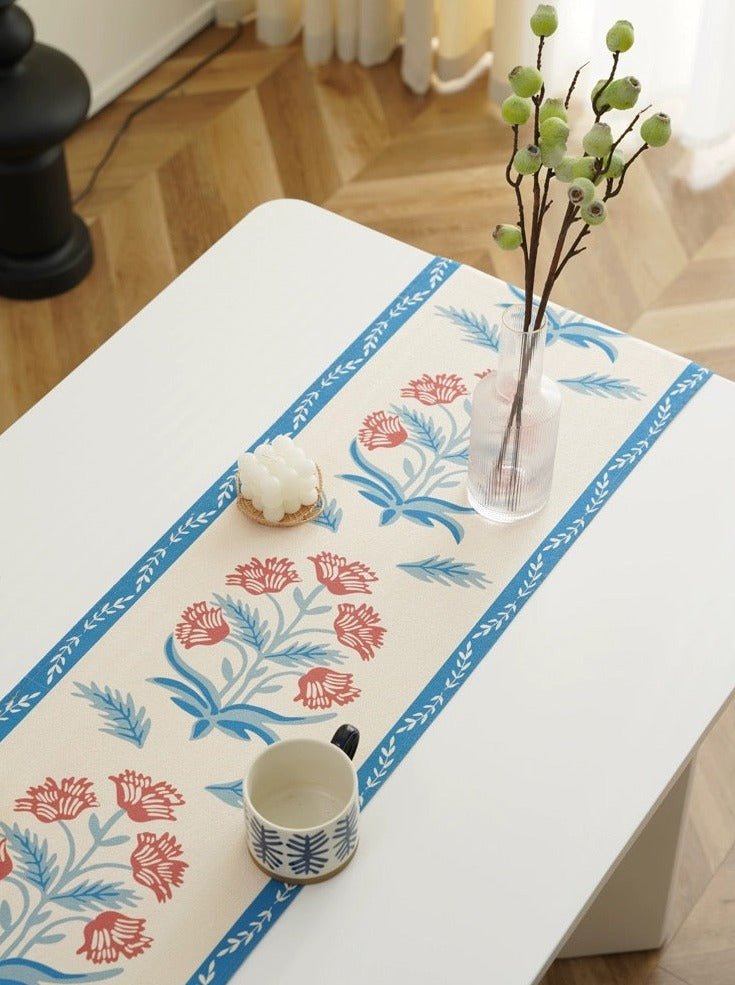 Elegant French style floral table runner featuring vibrant colors and intricate floral patterns, perfect for enhancing dining decor.