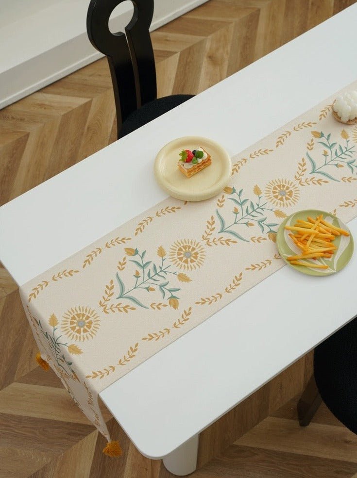 Elegant French style floral table runner featuring vibrant colors and intricate floral patterns, perfect for enhancing dining decor.