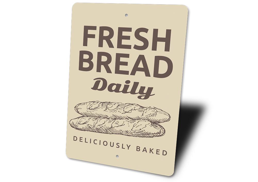 A decorative Fresh Bread Sign made of high-quality aluminum, featuring a rustic design suitable for bakeries and cafes.