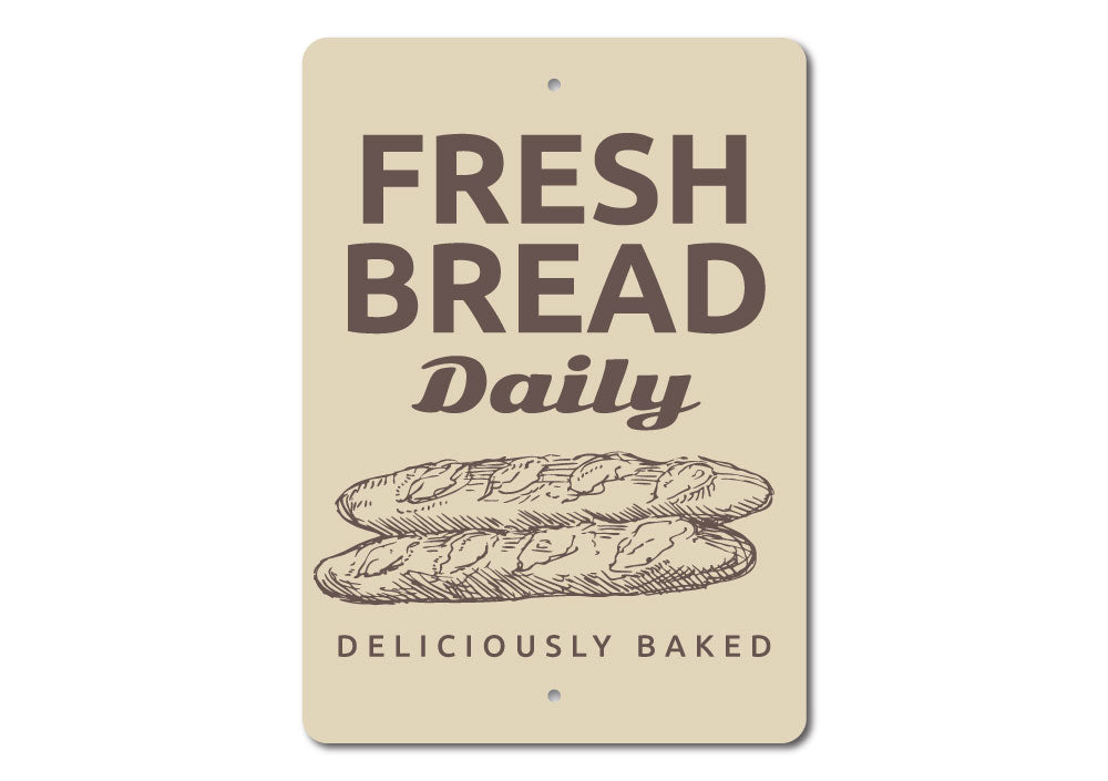 A decorative Fresh Bread Sign made of high-quality aluminum, featuring a rustic design suitable for bakeries and cafes.