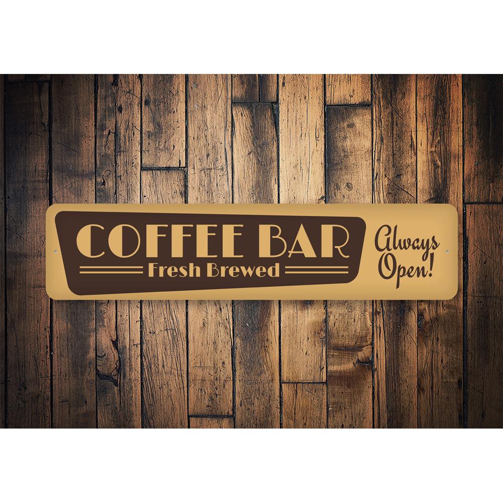 Fresh Brewed Coffee Bar Sign made of high-quality aluminum, featuring a stylish design perfect for coffee lovers' home decor.