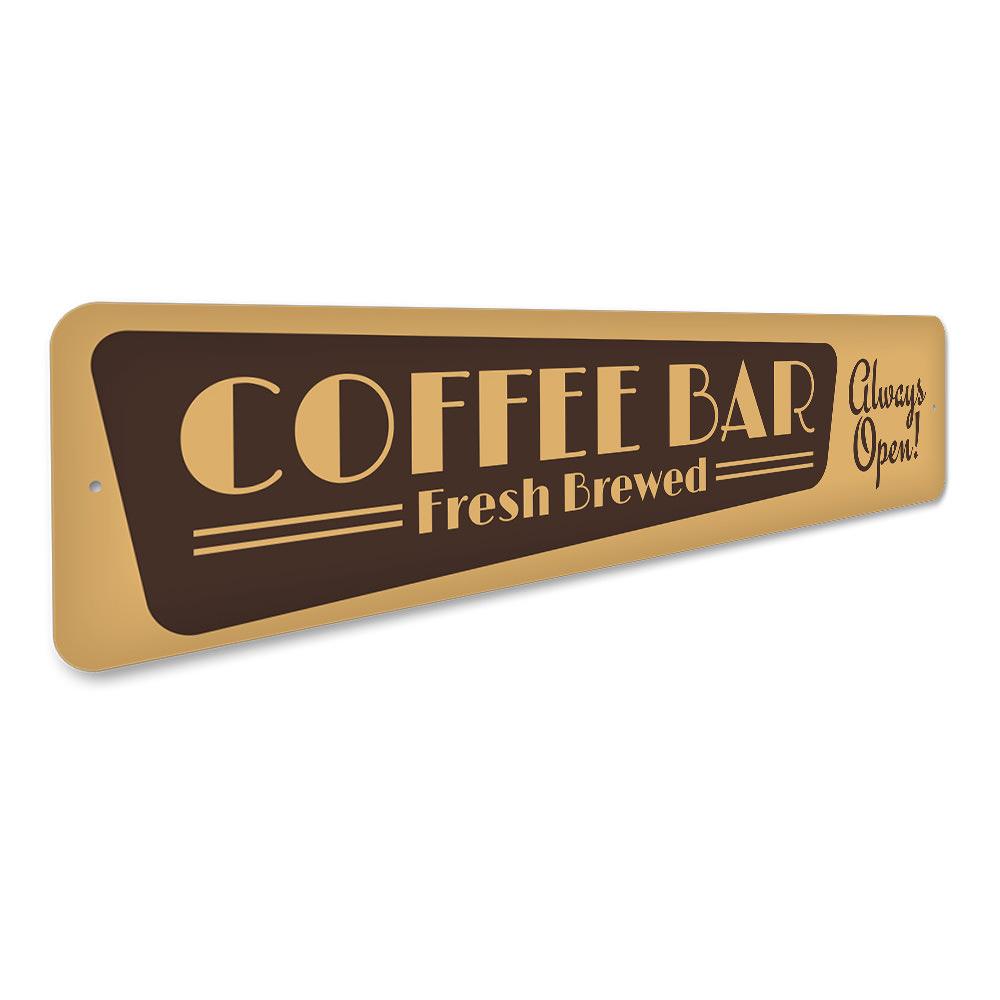 Fresh Brewed Coffee Bar Sign made of high-quality aluminum, featuring a stylish design perfect for coffee lovers' home decor.