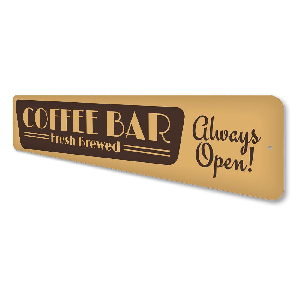 Fresh Brewed Coffee Bar Sign made of high-quality aluminum, featuring a stylish design perfect for coffee lovers' home decor.