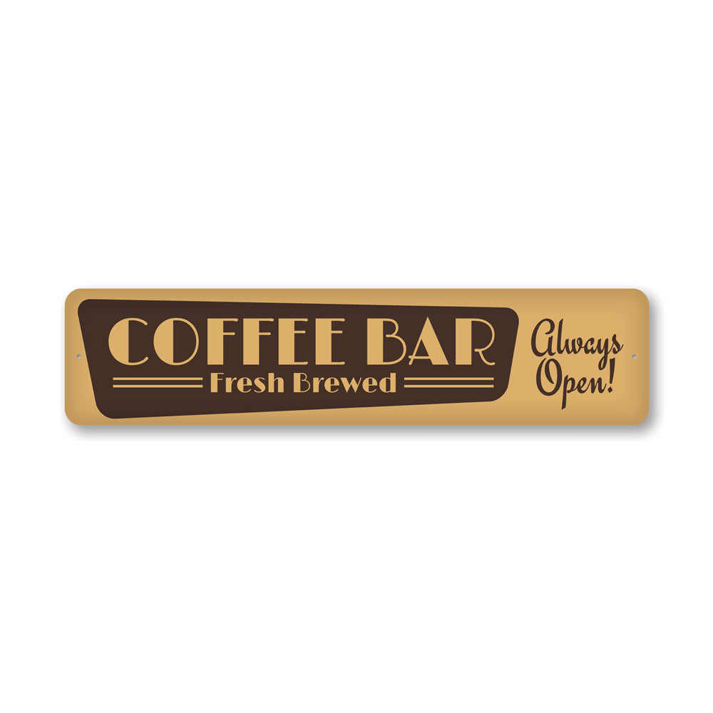 Fresh Brewed Coffee Bar Sign made of high-quality aluminum, featuring a stylish design perfect for coffee lovers' home decor.