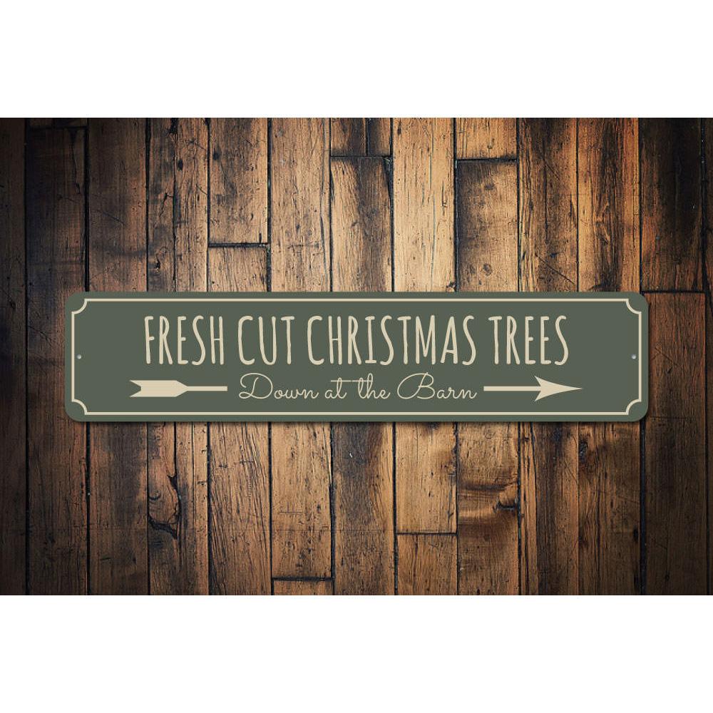 Fresh Cut Christmas Trees Barn Sign featuring festive design and vibrant colors, perfect for holiday decorations.