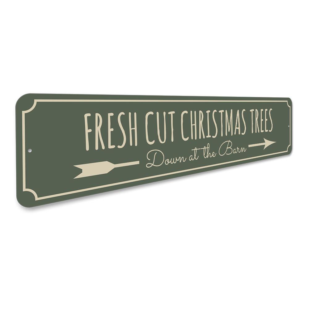 Fresh Cut Christmas Trees Barn Sign featuring festive design and vibrant colors, perfect for holiday decorations.