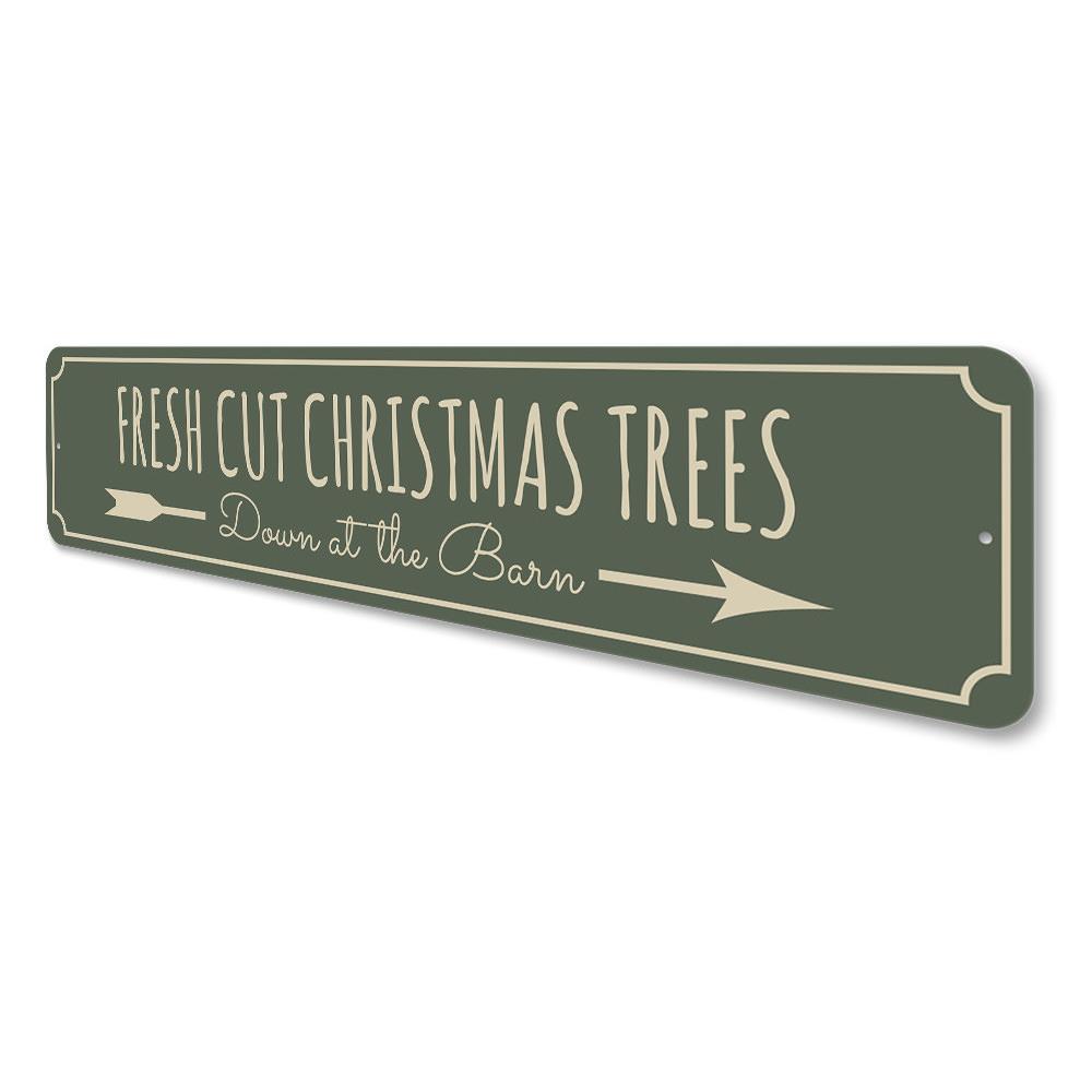 Fresh Cut Christmas Trees Barn Sign featuring festive design and vibrant colors, perfect for holiday decorations.