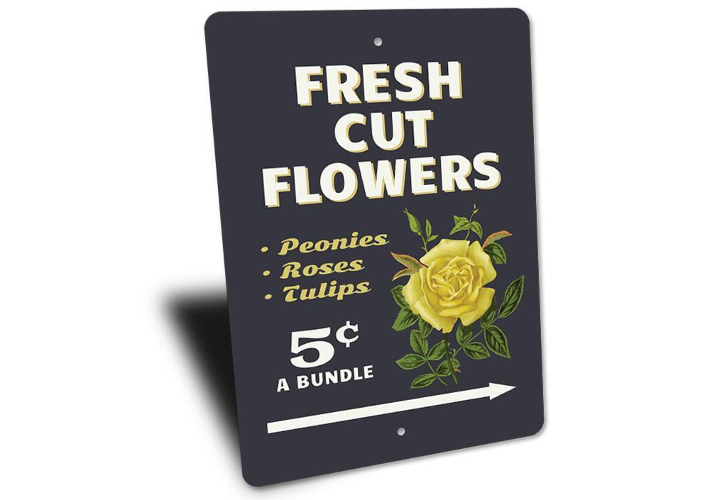 A decorative Fresh Cut Flowers Sign made of high-quality aluminum, featuring vibrant floral graphics, perfect for home decor.