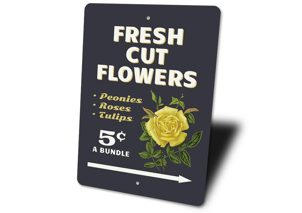 A decorative Fresh Cut Flowers Sign made of high-quality aluminum, featuring vibrant floral graphics, perfect for home decor.