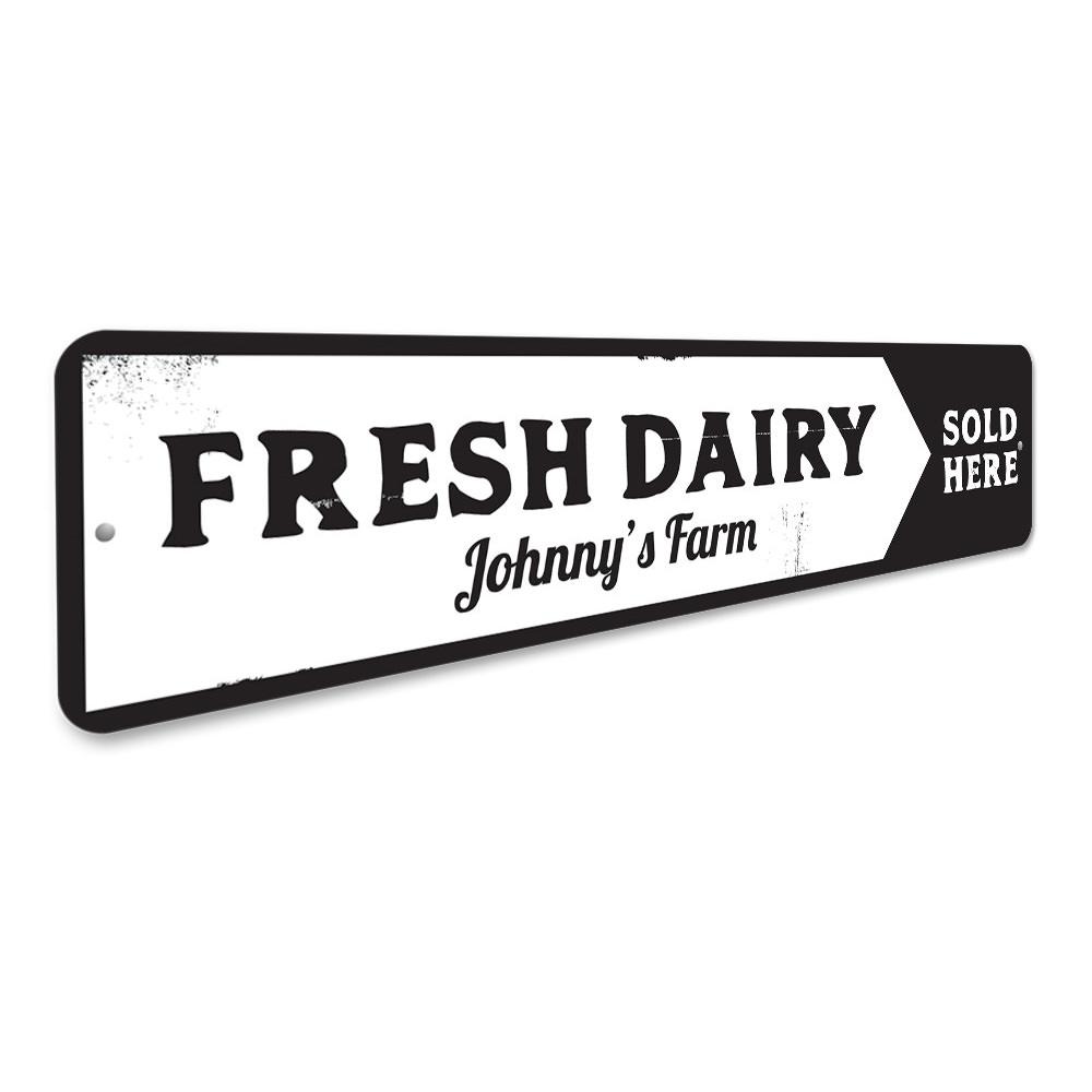 A decorative Fresh Dairy Sign made of high-quality aluminum, featuring customizable text and pre-drilled holes for easy mounting.