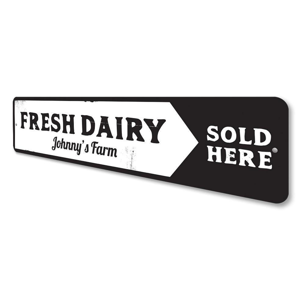 A decorative Fresh Dairy Sign made of high-quality aluminum, featuring customizable text and pre-drilled holes for easy mounting.