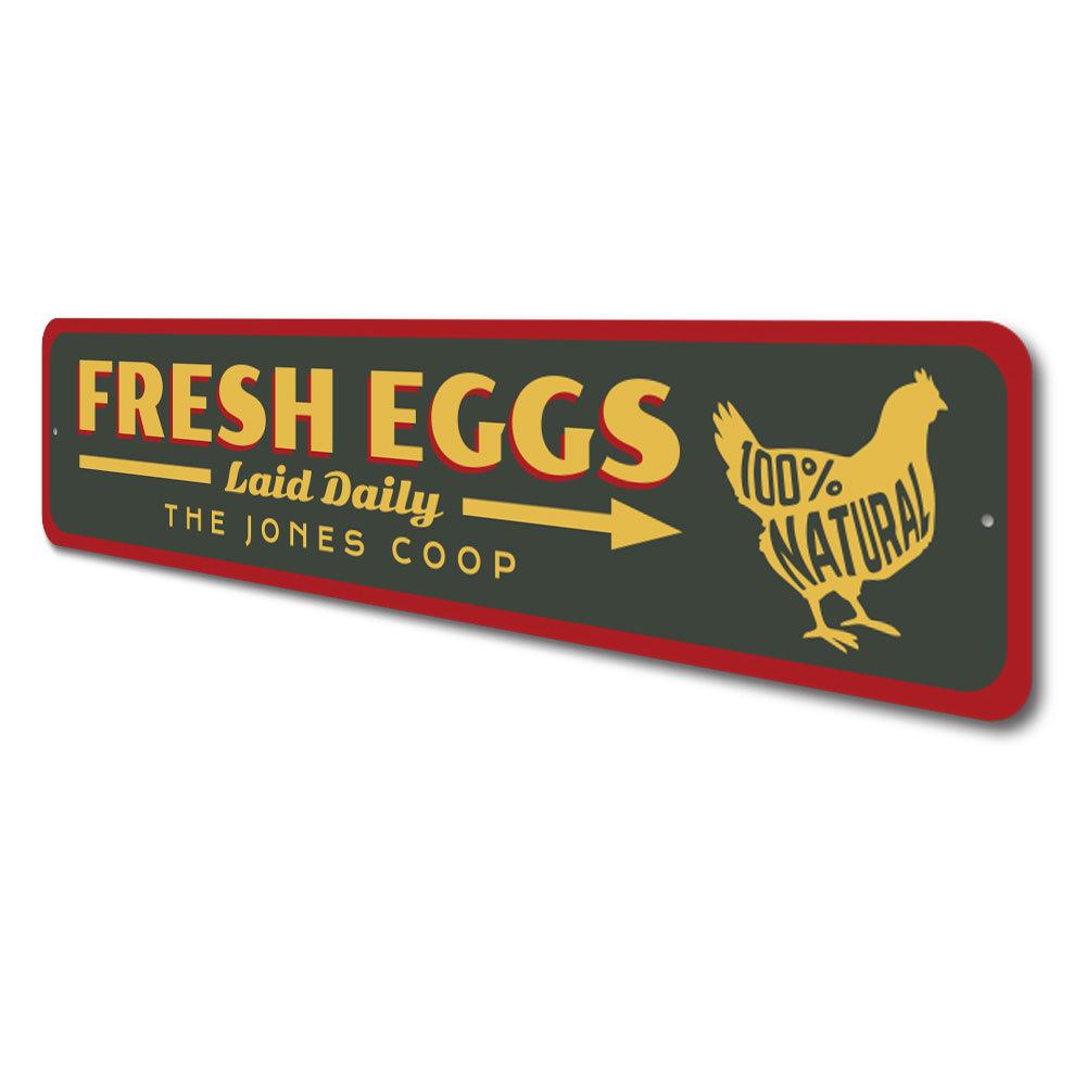 Fresh Eggs Laid Daily Sign made of durable aluminum, featuring a rustic design perfect for kitchen or garden decor.