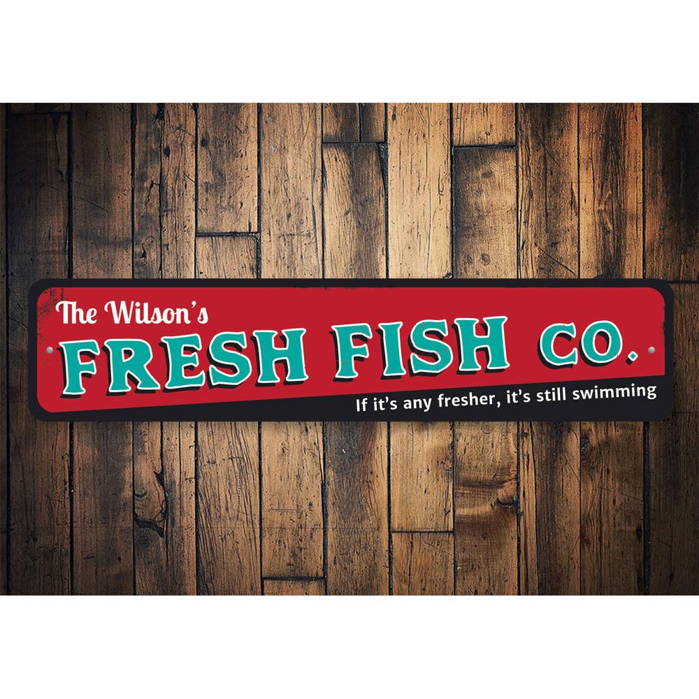 Fresh Fish Company Sign made of high-quality aluminum, featuring vibrant colors and customizable text, perfect for beach-themed decor.