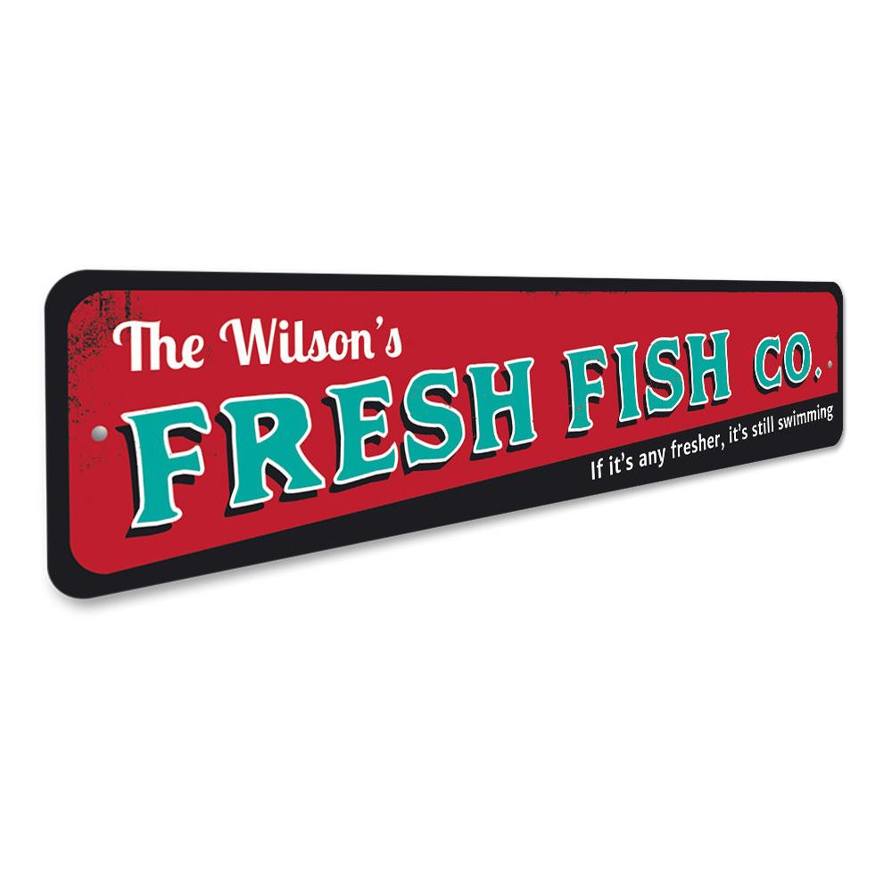 Fresh Fish Company Sign made of high-quality aluminum, featuring vibrant colors and customizable text, perfect for beach-themed decor.