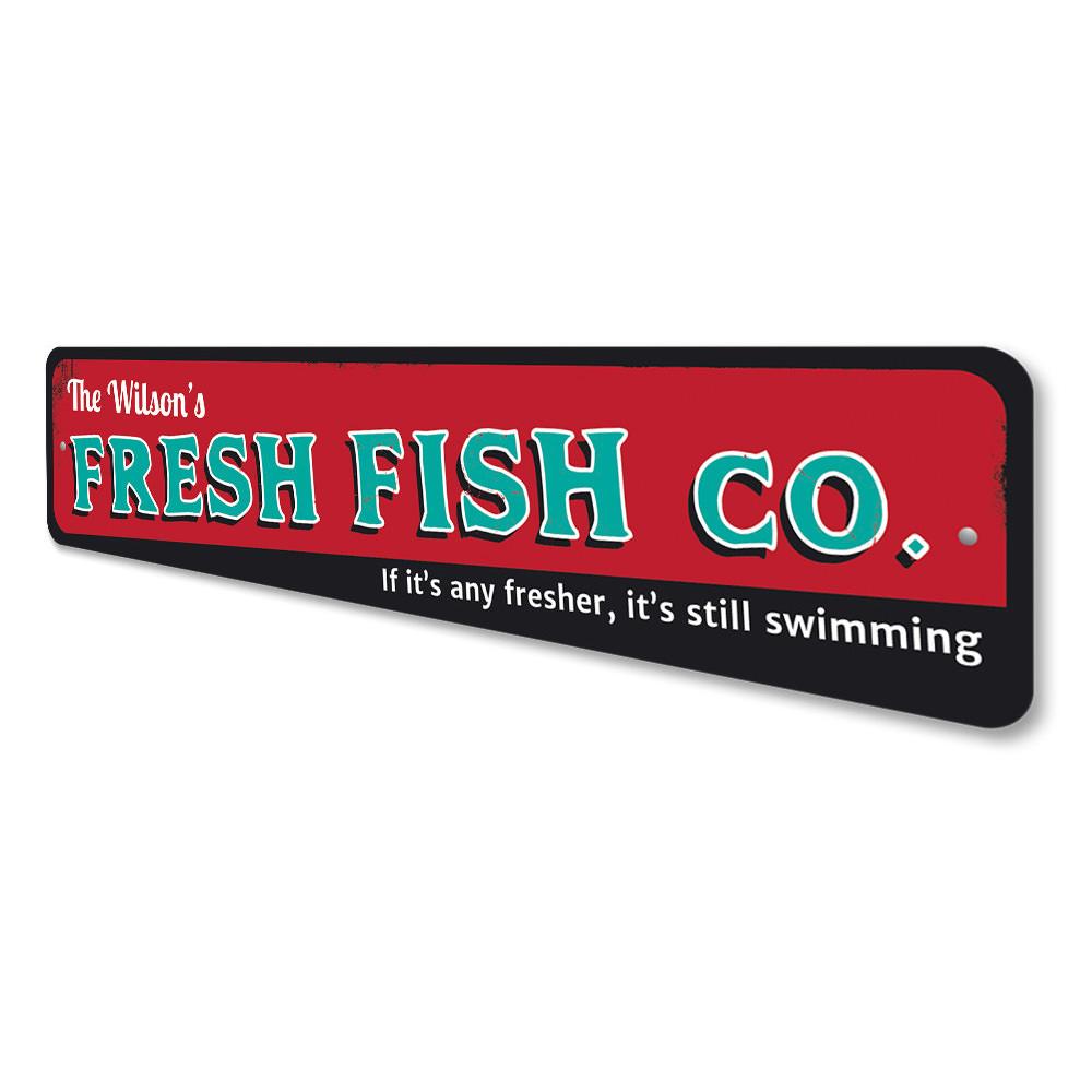 Fresh Fish Company Sign made of high-quality aluminum, featuring vibrant colors and customizable text, perfect for beach-themed decor.