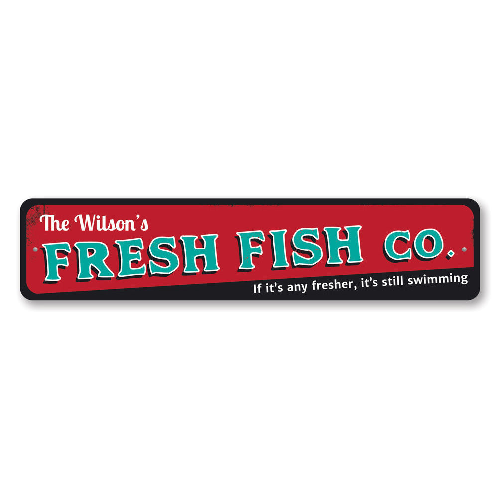 Fresh Fish Company Sign made of high-quality aluminum, featuring vibrant colors and customizable text, perfect for beach-themed decor.