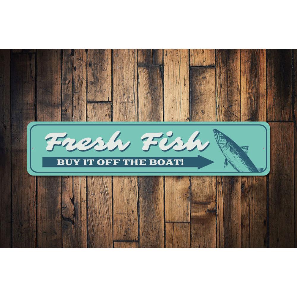 A decorative Fresh Fish Sign made of high-quality aluminum, featuring a vibrant fish design, perfect for lakehouse decor.