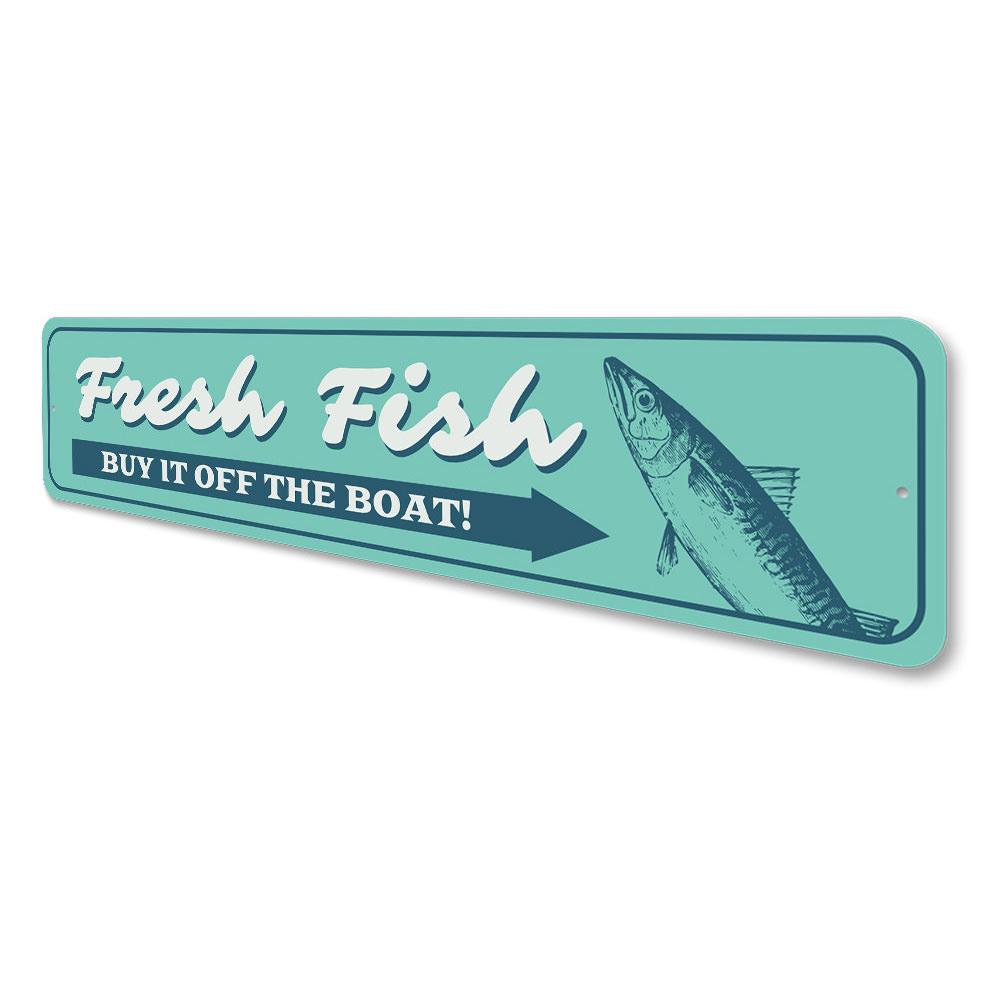 A decorative Fresh Fish Sign made of high-quality aluminum, featuring a vibrant fish design, perfect for lakehouse decor.